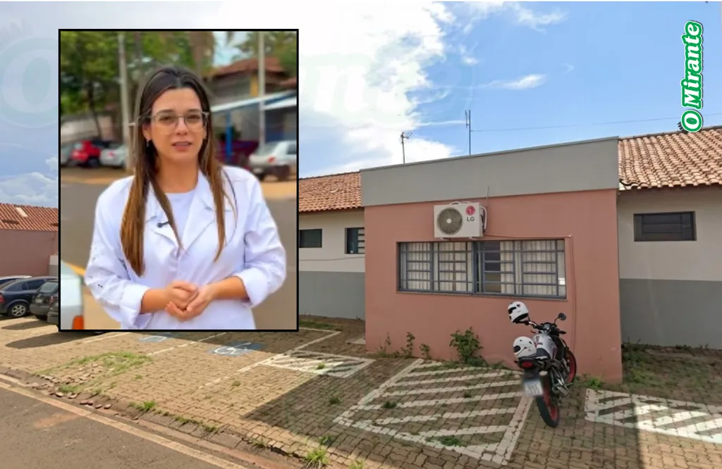 fachada de uma unidade de saúde com veículos estacionados em frente