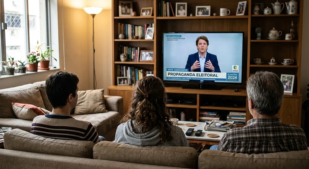 Estante com uma televisão onde mostra um homem durante propaganda eleitoral, tendo ainda três pessoas de costas sentadas em um sofá