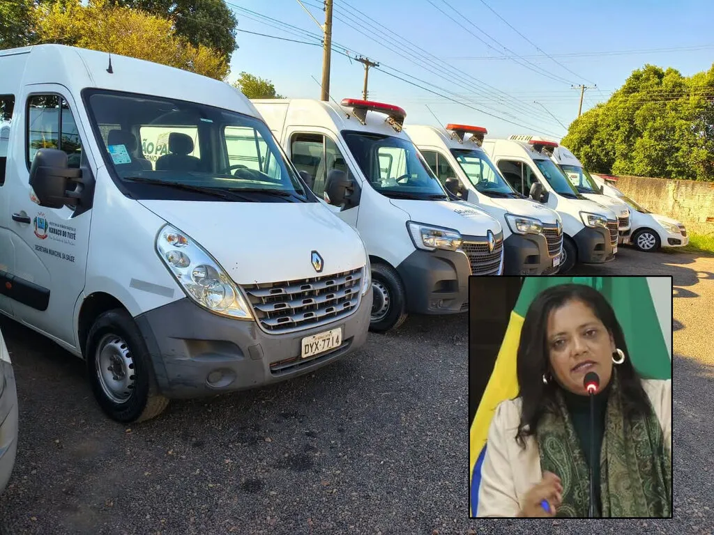 Mulher negra, com uma caneta azul em uma das mãos, discursa à frente de bandeiras em um púlpito de vidro; foto de fundo com várias ambulâncias