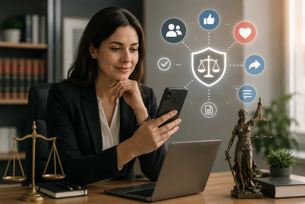 mulher elegante opera celular e notebooke em escritório de advogada, com a balança e a deusa justitia aos lados