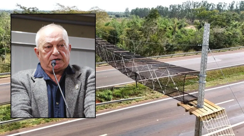 passagem suspensa feita com cordas sobre rodovia duplicada, com foto em destaque de homem careca falando em uma tribuna