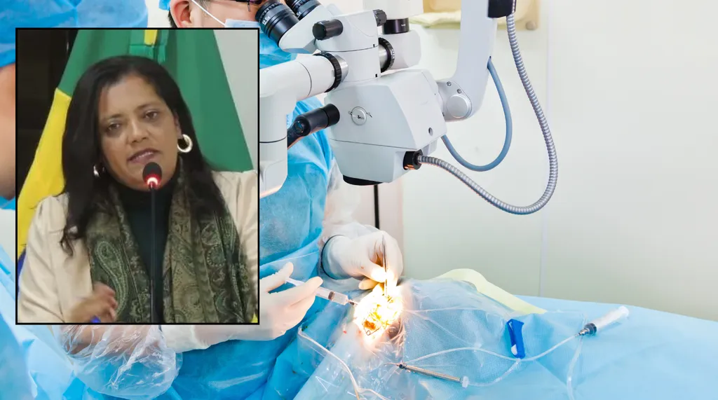 cena de cirurgia ocular em ambiente de hospital, com foto menor em destaque de Mulher negra discursa em púlpito de vidro, contendo ao fundo as bandeira de Igaraçu do Tietê, Brasil e São Paulo