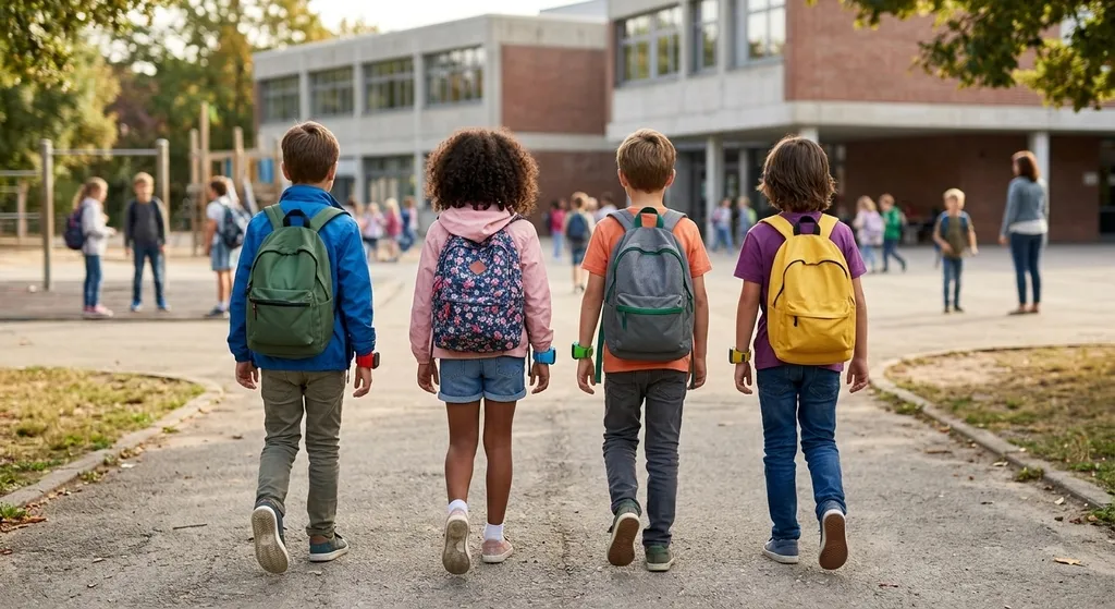 Crianças de costas caminhando, com mochilas escolares e pulseiras coloridas nos braços