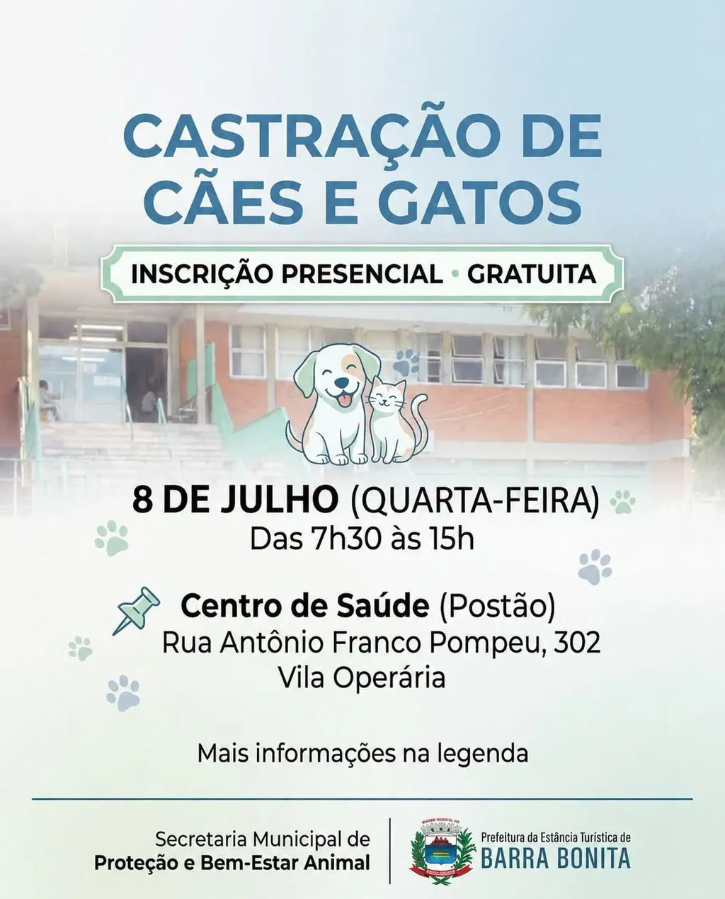 Prefeitura de Barra Bonita abre novas inscrições para o programa de castração gratuita de cães e gatos
